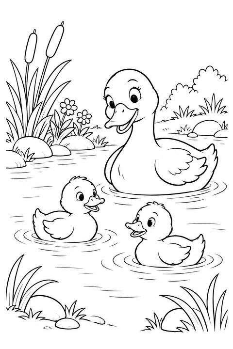 A mother duck floats nearby as two ducklings paddle among gentle ripples.