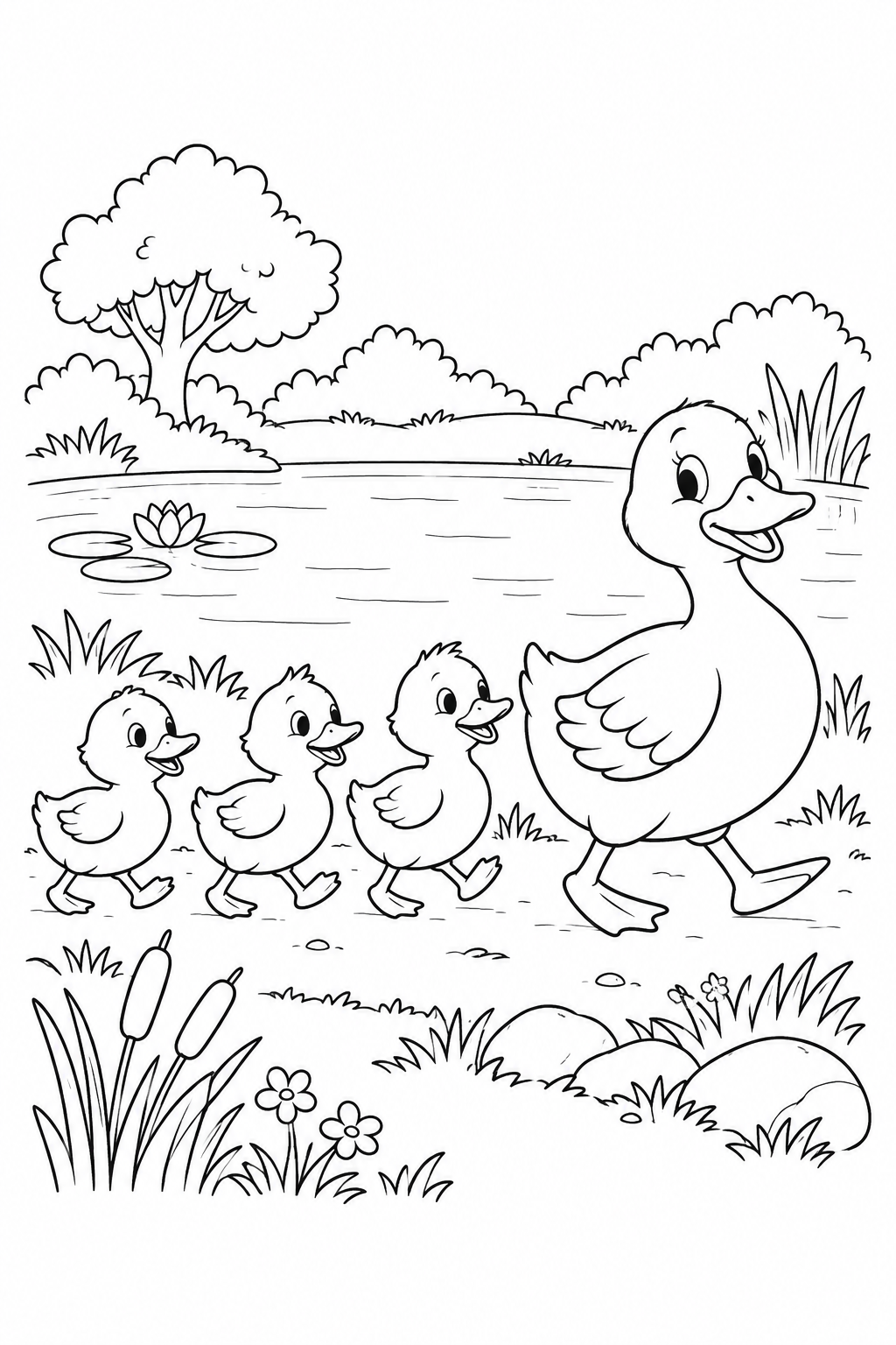 Eine Entenmutter führt drei Küken auf einem grasbewachsenen Weg am Teich entlang.