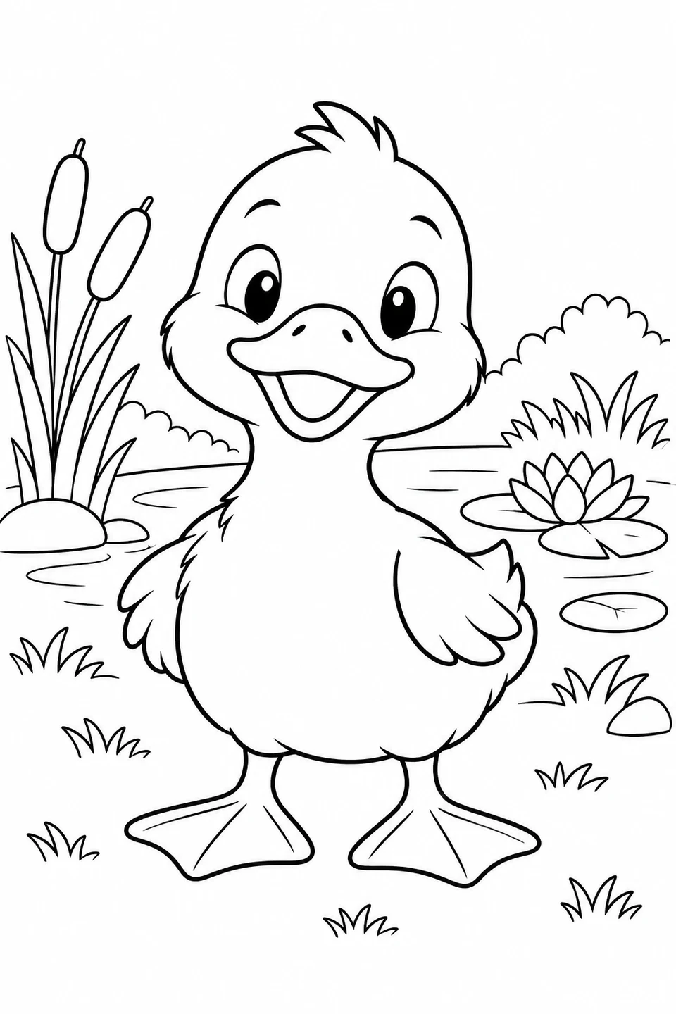 A duckling faces forward beside a pond with cattails and a water lily.