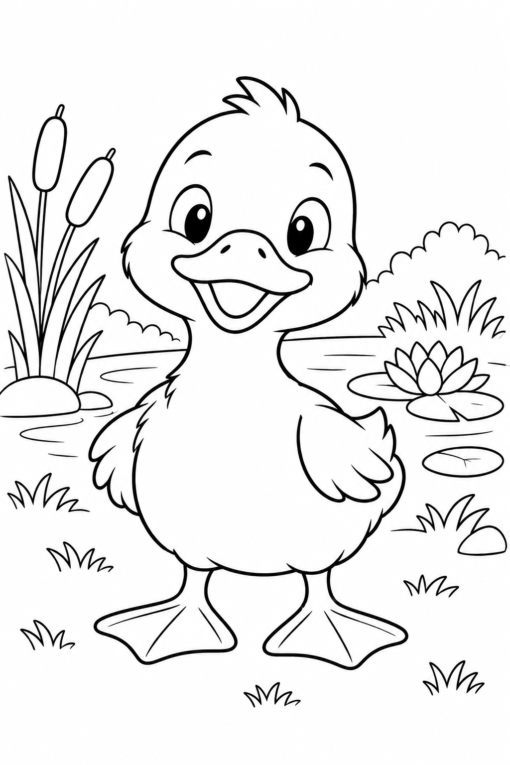 A duckling faces forward beside a pond with cattails and a water lily.