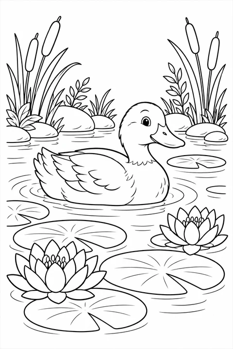 A duck swims among broad lily pads and two water lilies, with cattails along the bank.