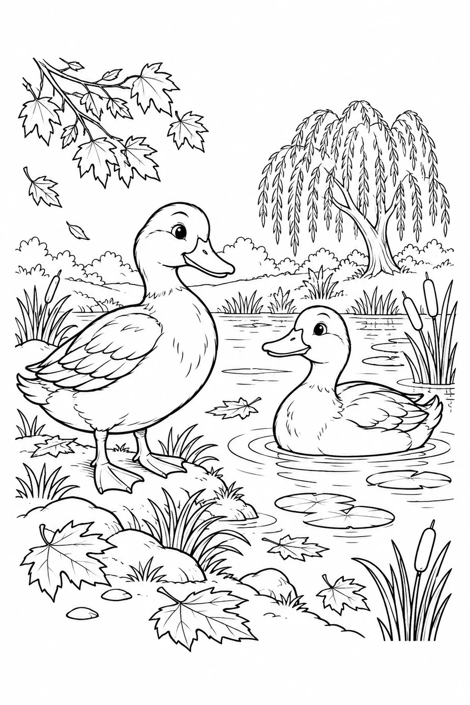One duck stands on the bank while another swims among fallen leaves, with a willow tree nearby.