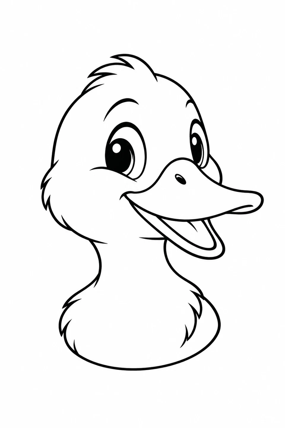 A smiling duck head and upper chest appear in three-quarter view, with a broad bill.