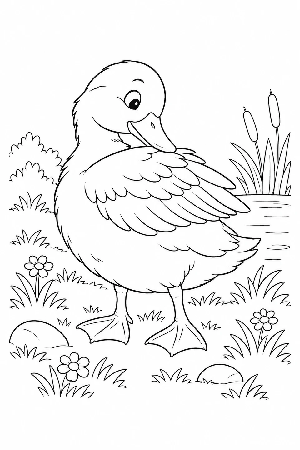 A duck turns its head to tidy its wing feathers while standing beside the pond.