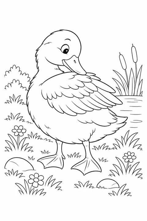 A duck turns its head to tidy its wing feathers while standing beside the pond.