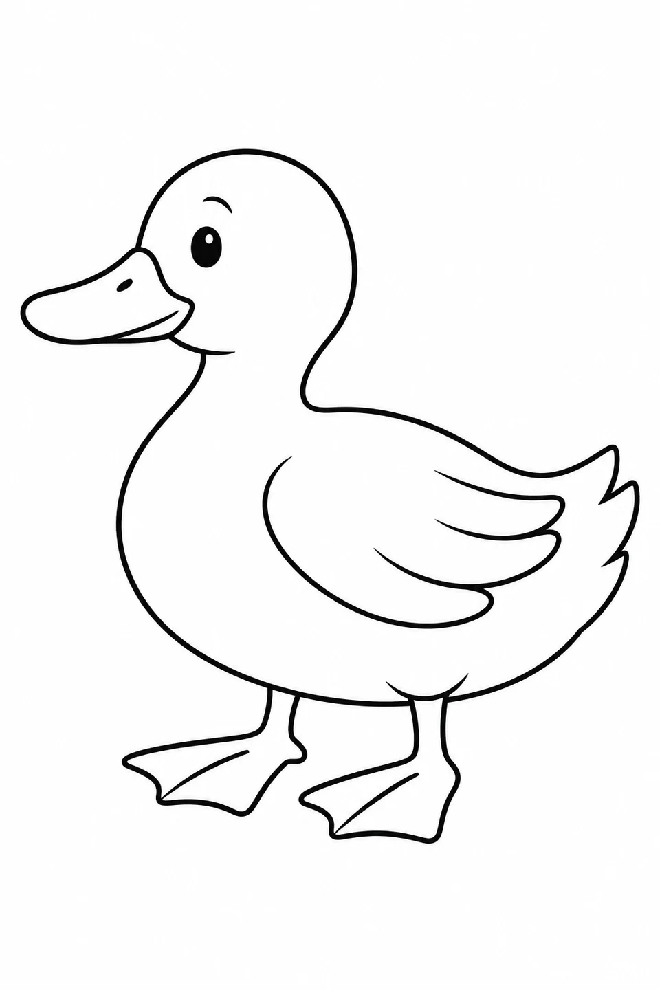 A duck stands in side view with a broad bill, folded wing and two webbed feet.
