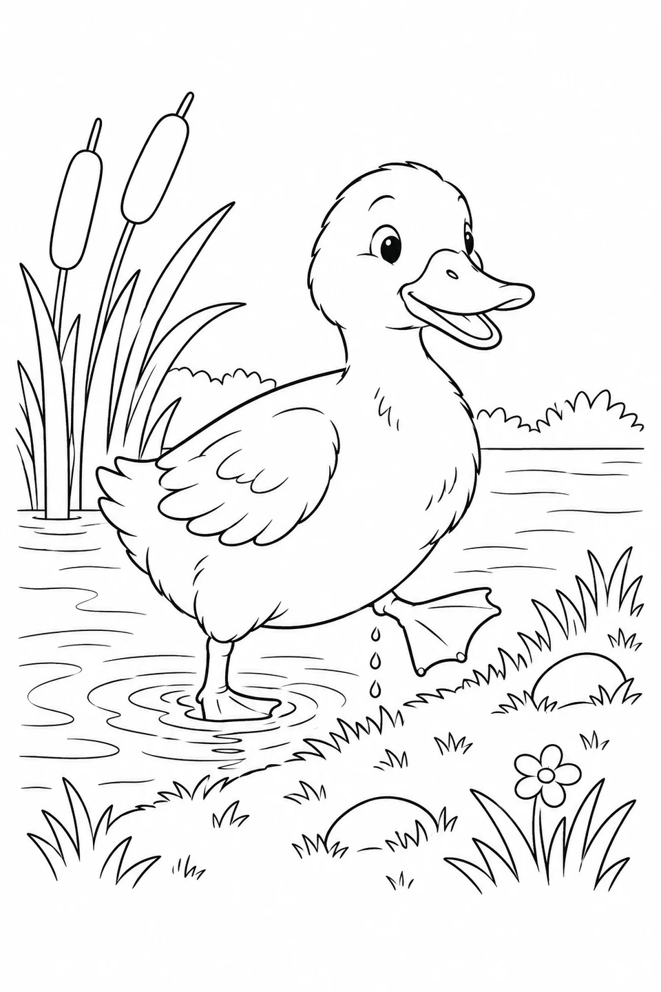 A duck lifts one webbed foot toward a grassy bank while the other foot rests in shallow water.