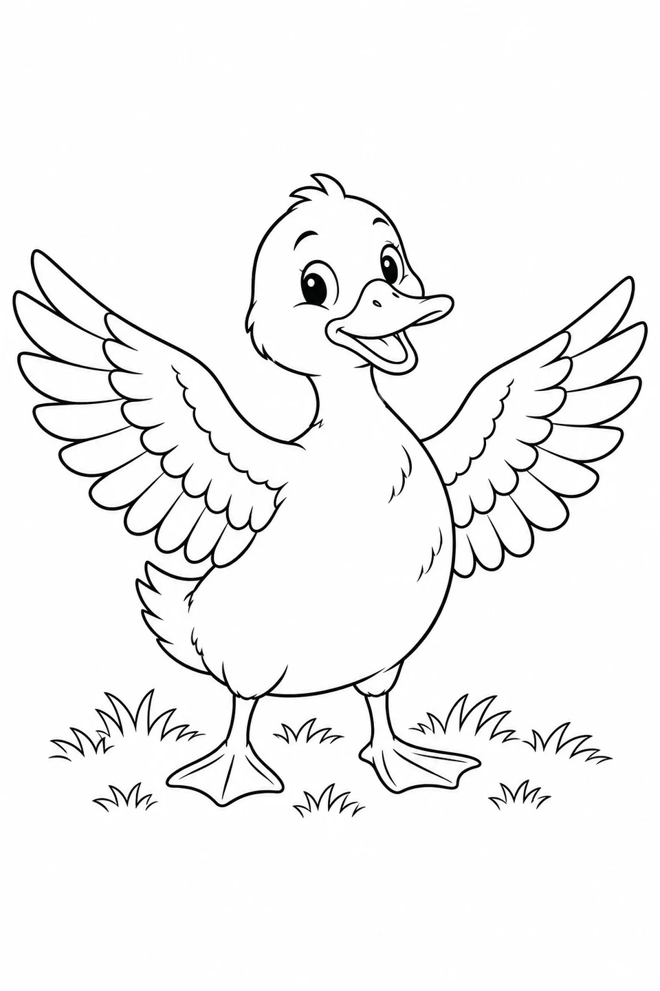 A duck stands on grass with both wings spread and two webbed feet on the ground.