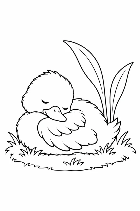 A duckling sleeps with its head tucked against a wing on a grassy bank beside two reed leaves.