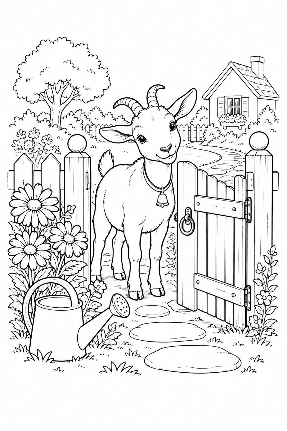 A goat stands in an open garden gate beside daisies, a watering can and a winding path.