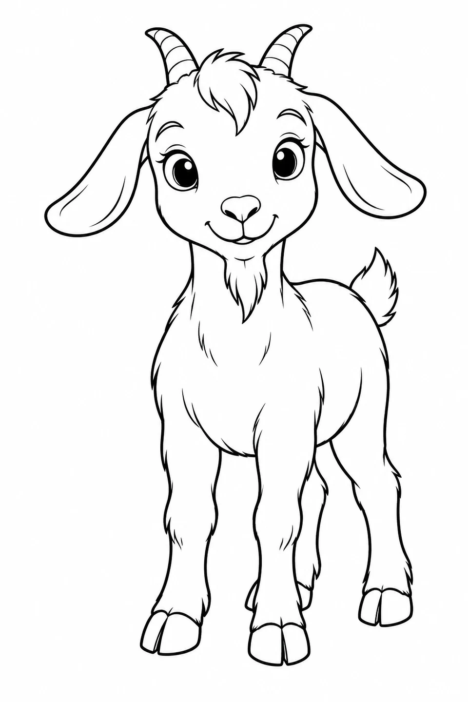 A smiling goat faces forward with long drooping ears, curved horns and four visible hooves.