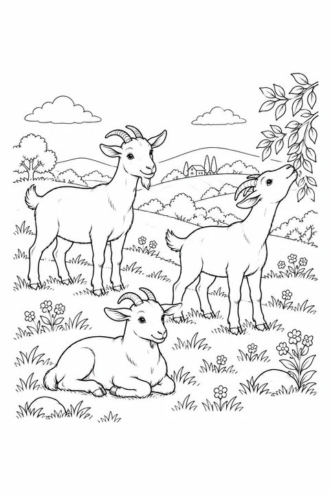 Three goats stand, nibble leaves and rest on a gentle grassy hillside.