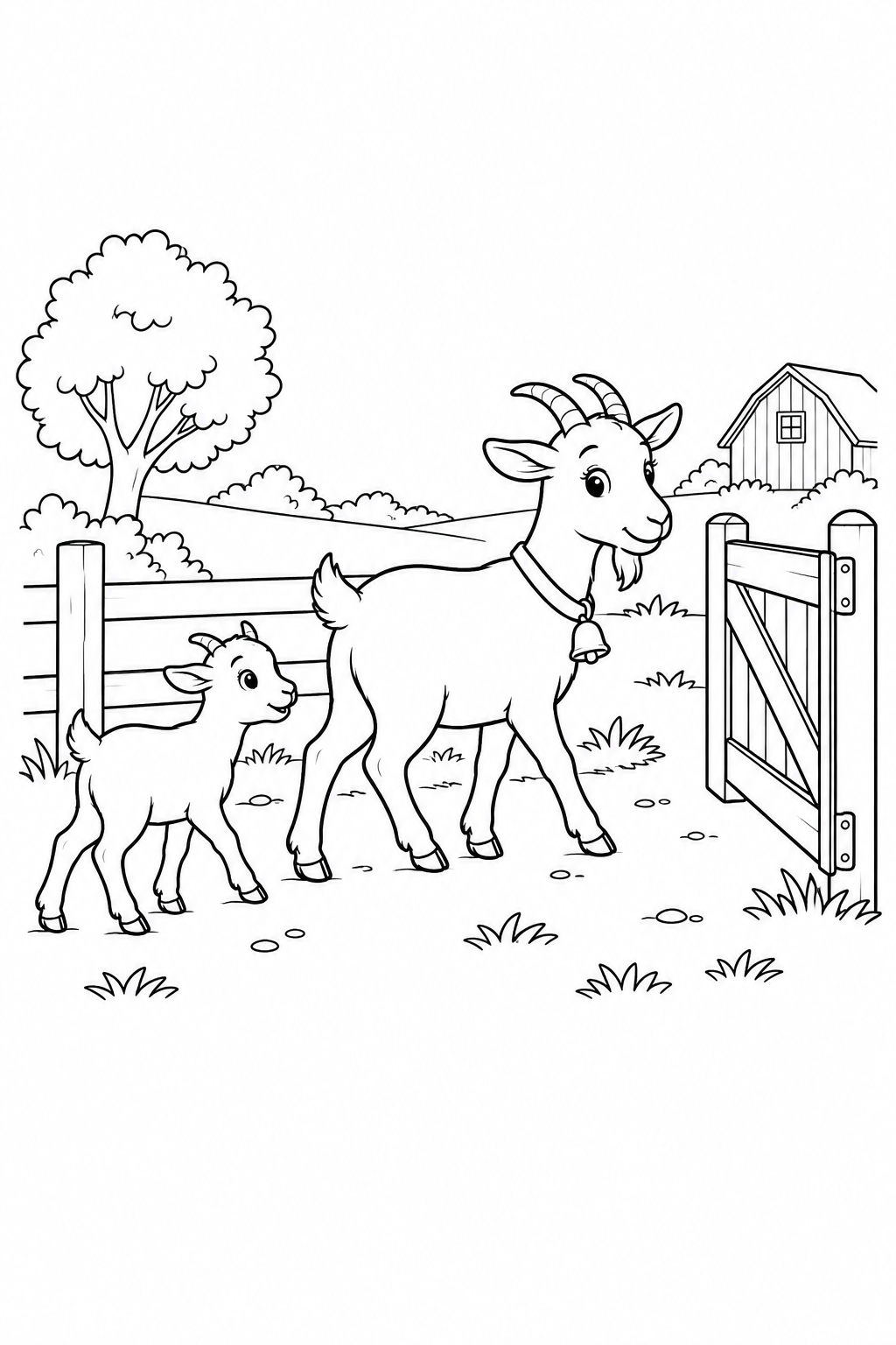 A smaller goat follows a larger goat wearing a bell collar toward an open farm gate.