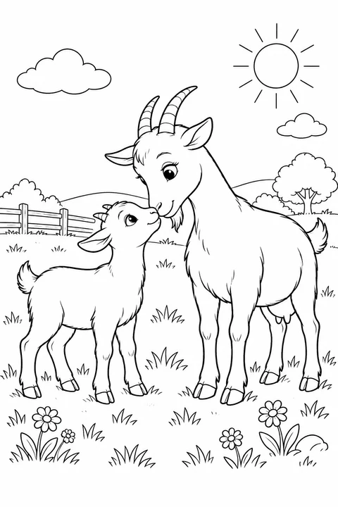 Two goats of different sizes touching noses, with flowers, a fence, a sun and clouds.