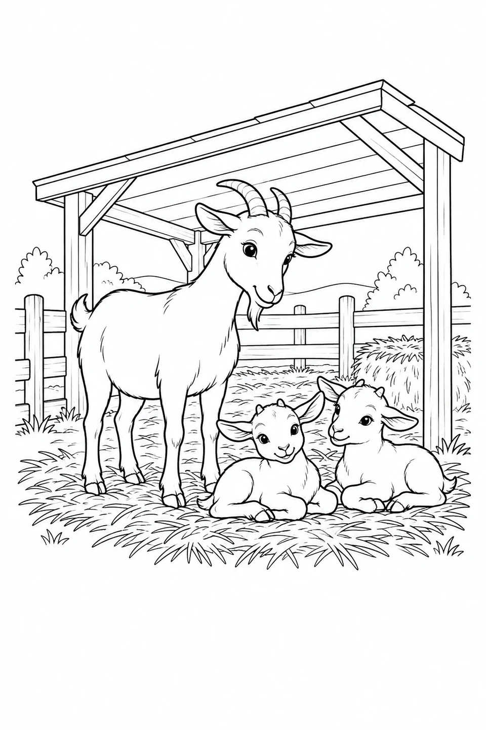 A larger goat stands beside two smaller goats lying on straw beneath a wooden shelter.