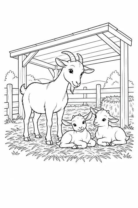 A larger goat stands beside two smaller goats lying on straw beneath a wooden shelter.