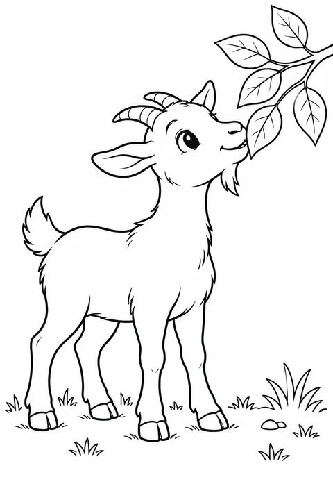 A goat reaches toward large leaves on a low branch while standing on the grass.
