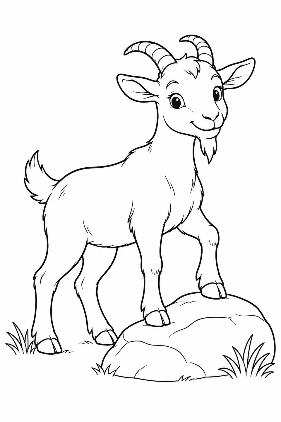 A goat places its front hooves on a low rounded rock beside tufts of grass.