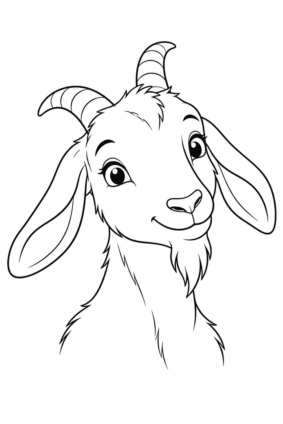 A smiling goat portrait features long ears, curved horns and a little beard.