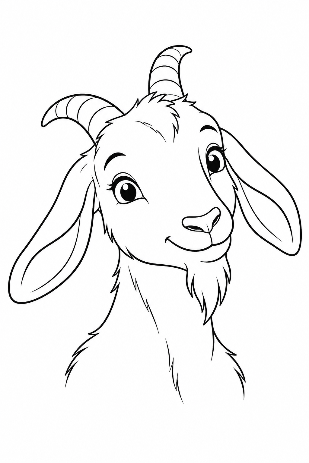 A smiling goat portrait features long ears, curved horns and a little beard.