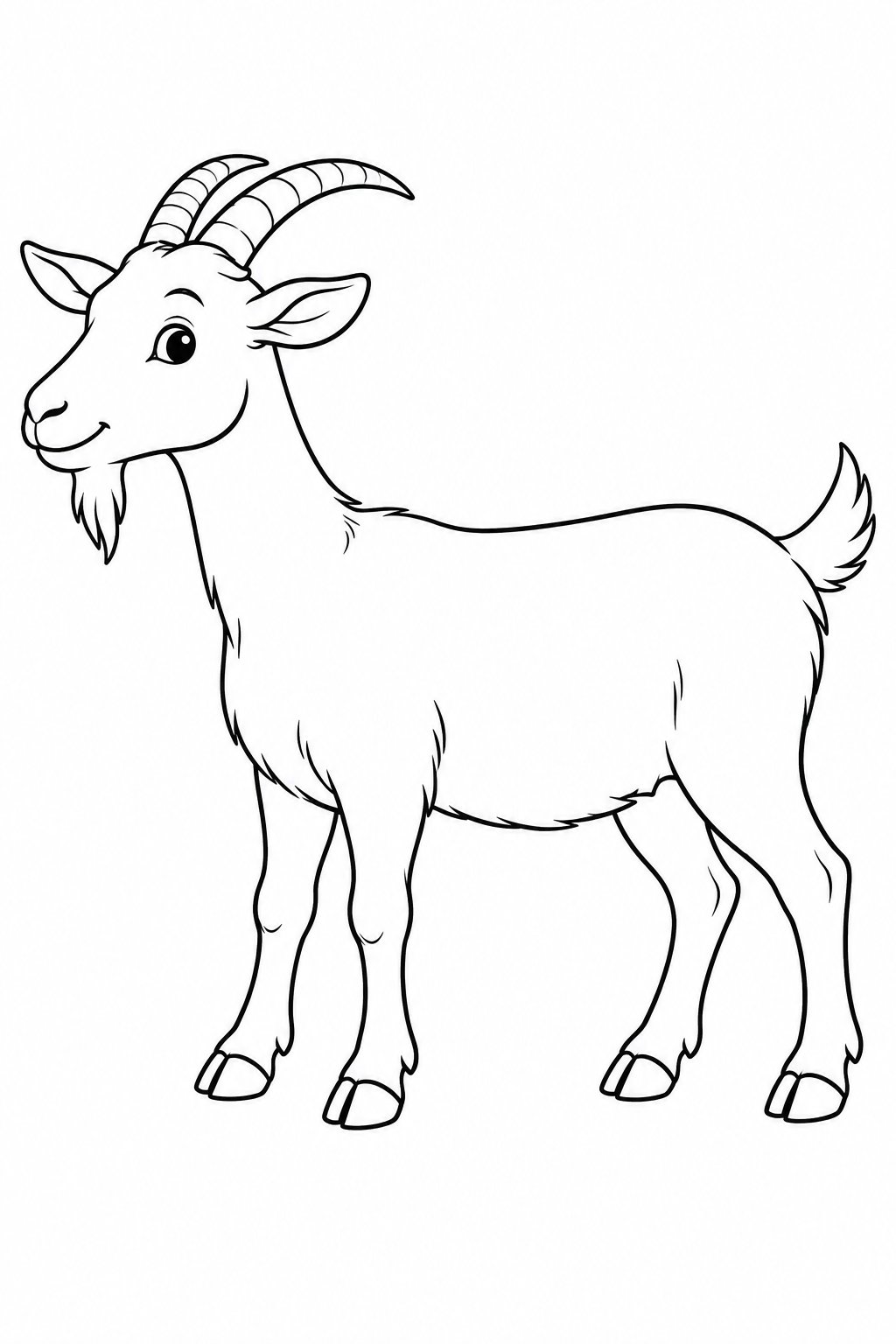 A goat stands sideways, showing its curved horns, little beard and raised tail.