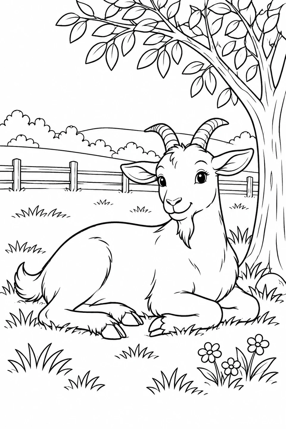 A goat rests beneath a leafy tree with flowers and a pasture fence nearby.