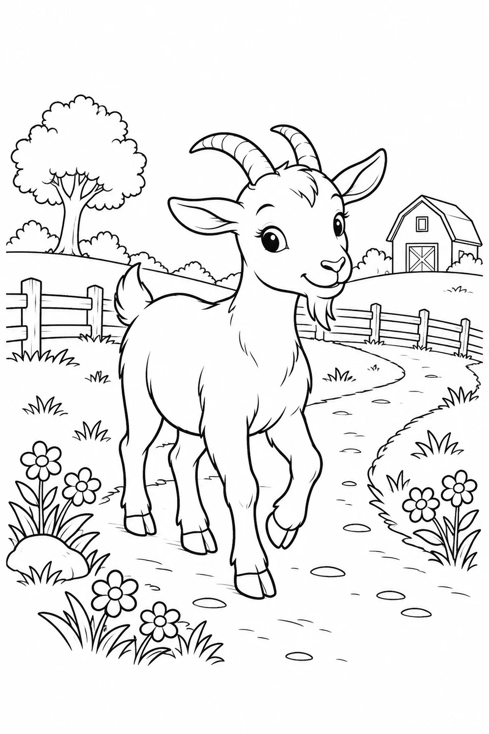 A goat lifts one front hoof as it walks along a flower-lined path near a barn.