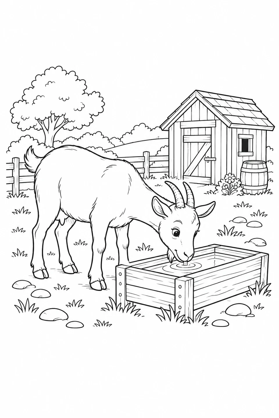 A goat drinks from a wooden trough in a farmyard with a shed and rounded stones.