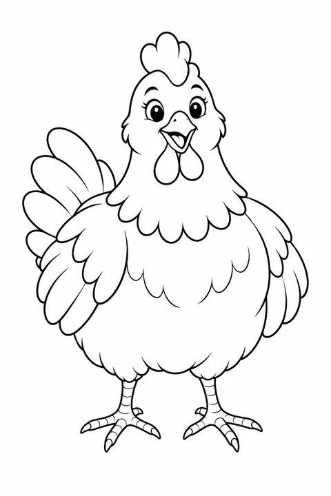 A round hen faces forward, with a large comb, layered wing feathers at its sides and two visible feet.