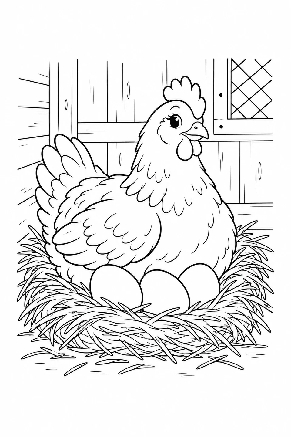 A hen rests in a straw nest beside three eggs, with a coop wall behind her.
