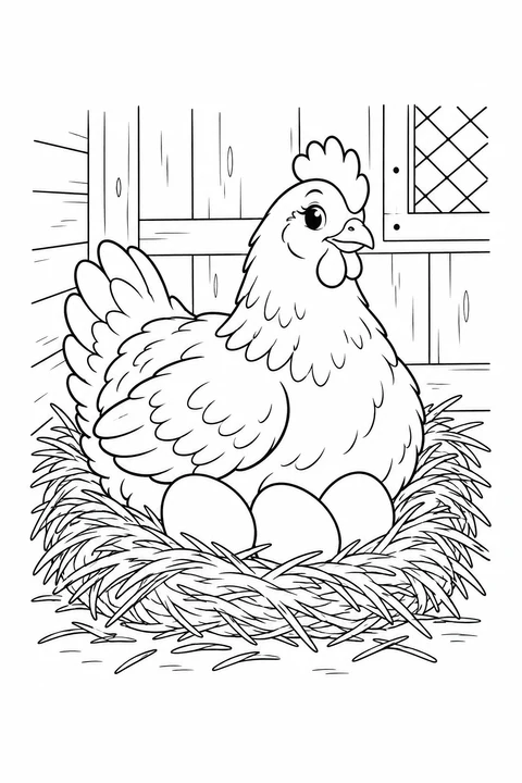A hen rests in a straw nest beside three eggs, with a coop wall behind her.