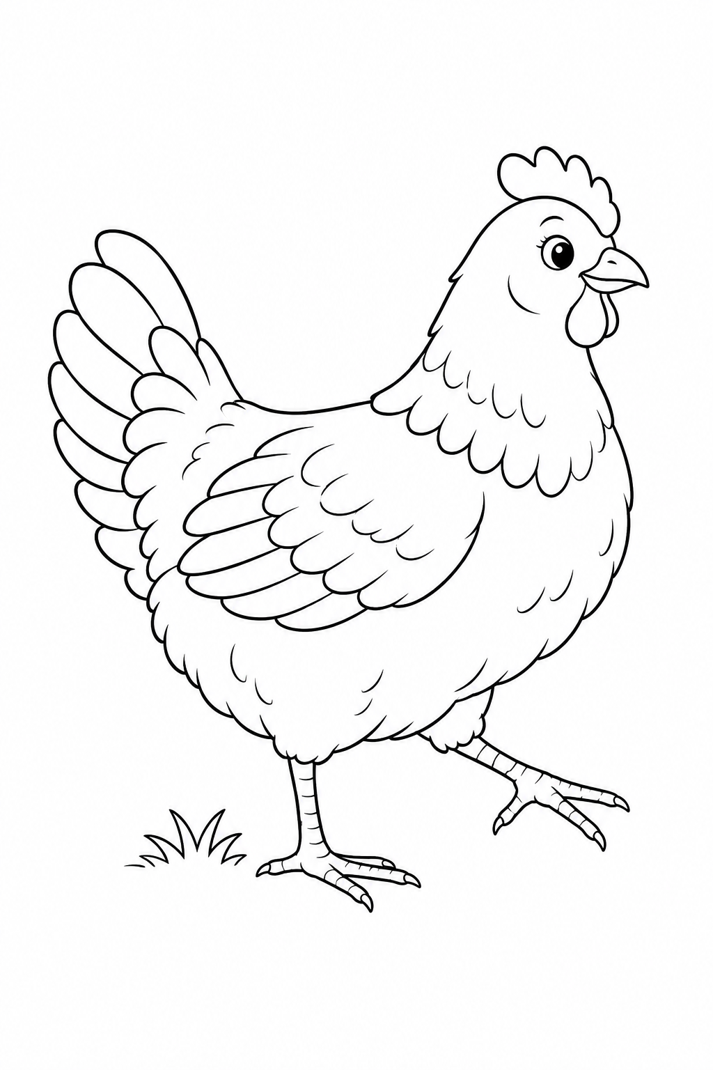 A hen lifts one foot beside a small tuft of grass.