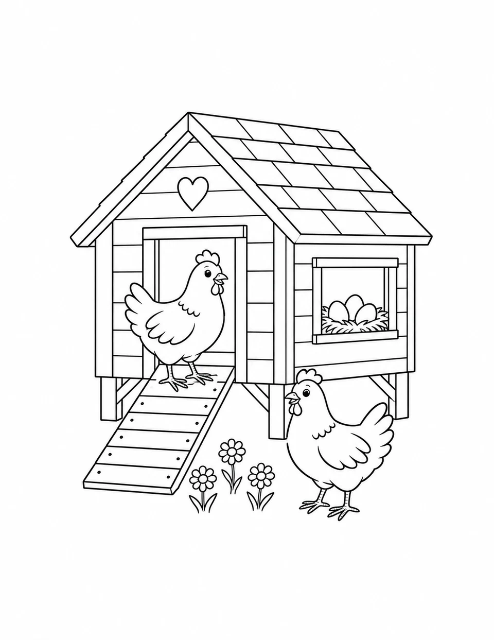 Two hens stand by a wooden coop with a ramp, a nest window and three flowers.
