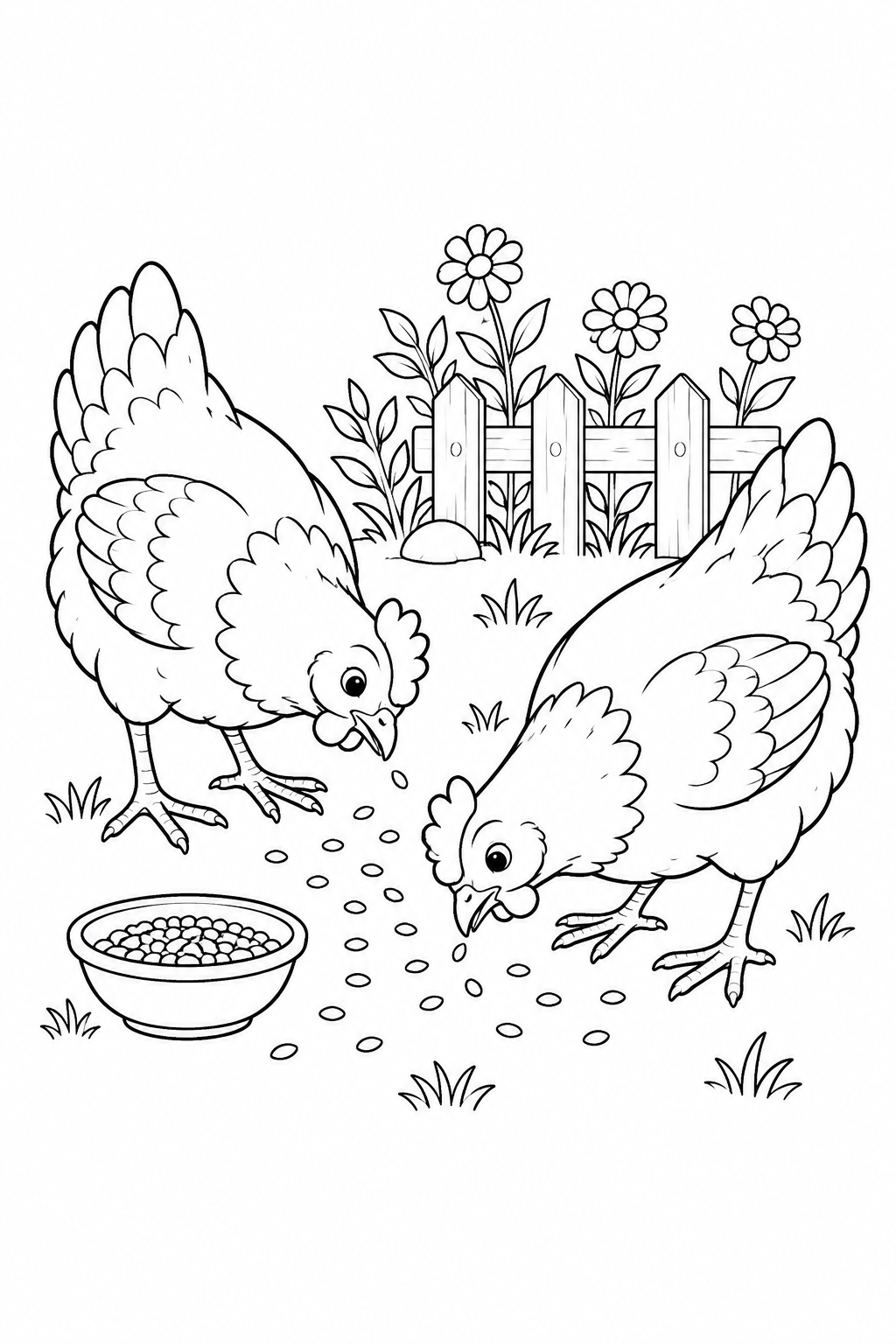 Due galline beccano i chicchi sparsi vicino a una piccola ciotola.
