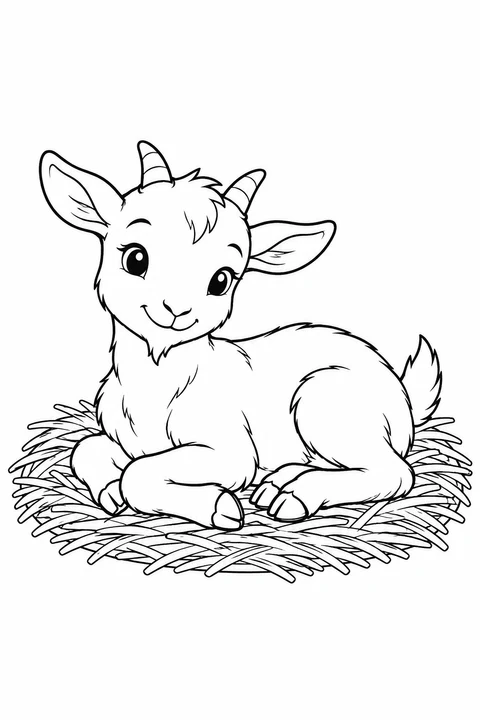 A goat lying with folded legs on an oval bed of straw.