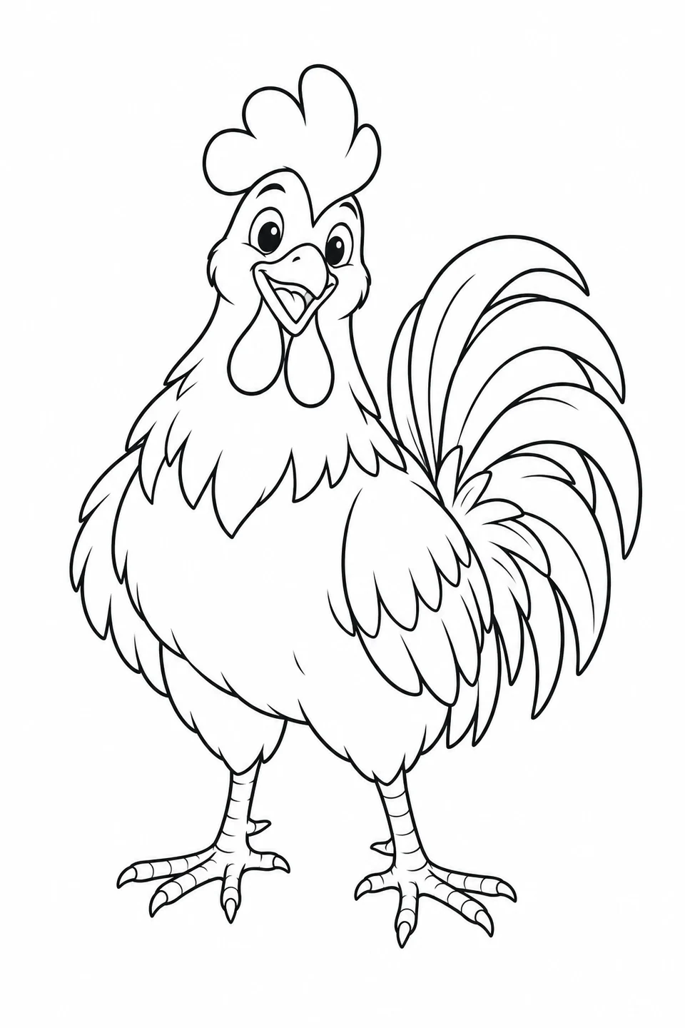 A friendly rooster faces forward with long curved tail feathers.