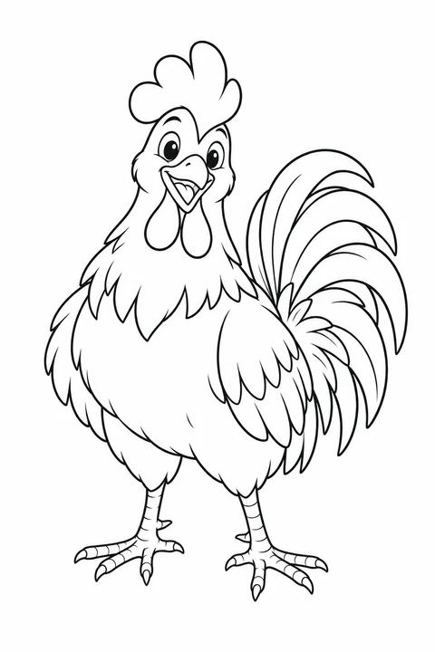 A friendly rooster faces forward with long curved tail feathers.