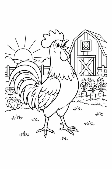 A rooster calls beside a barn and vegetable beds as the sun rises.