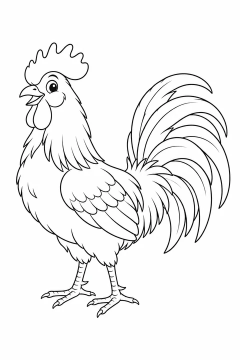 A rooster stands sideways, showing his comb and long curved tail feathers.