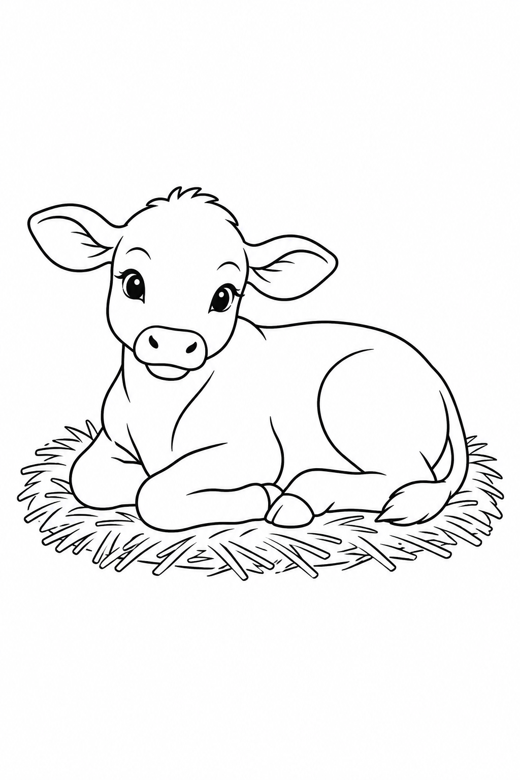 A little calf rests on an oval bed of straw with its legs tucked beneath it.