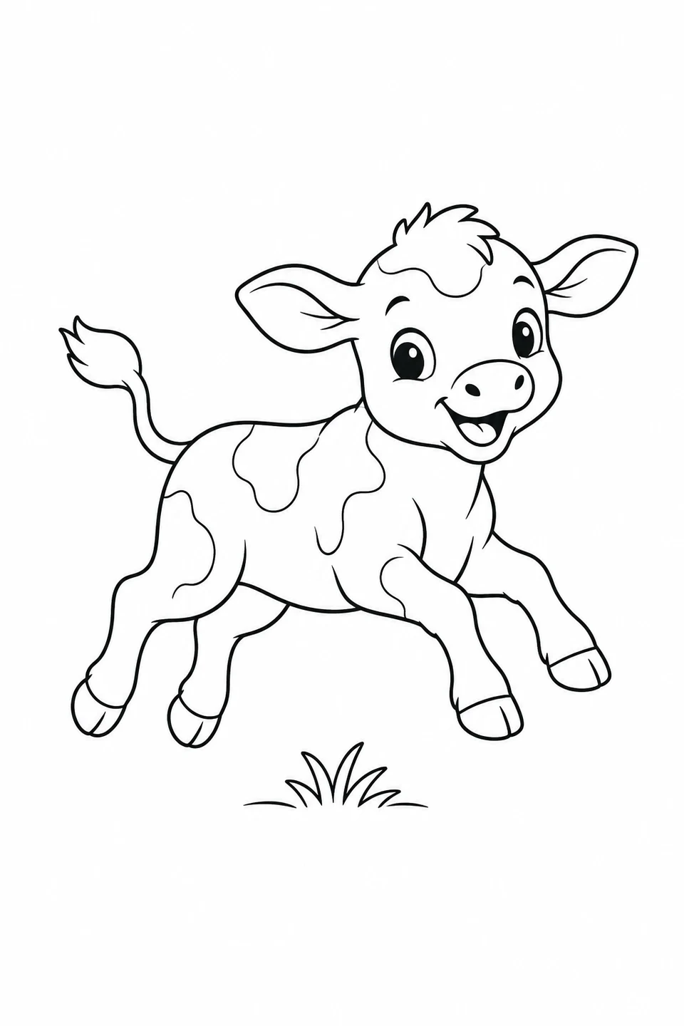 A cheerful calf takes a playful leap above a little tuft of grass.