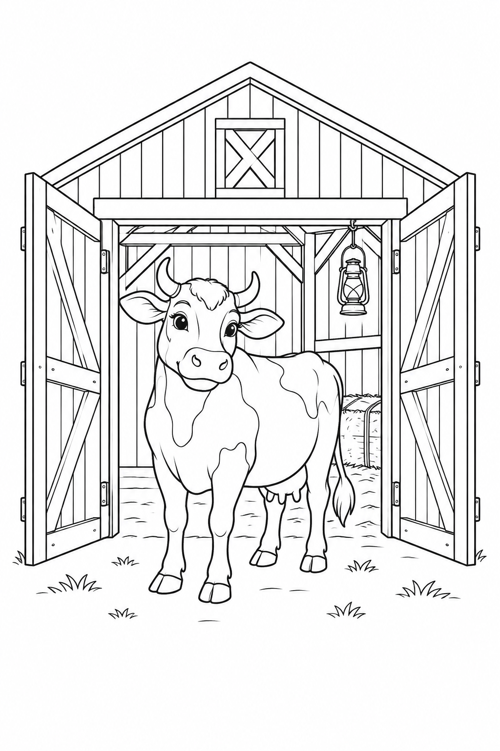 A cow stands at an open barn door beside hay and a hanging lantern.