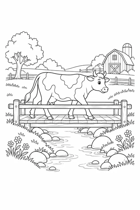 A cow walks over a low wooden bridge above a shallow, stony stream.