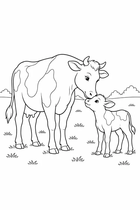 A cow lowers its muzzle to a calf’s forehead in a grassy field.
