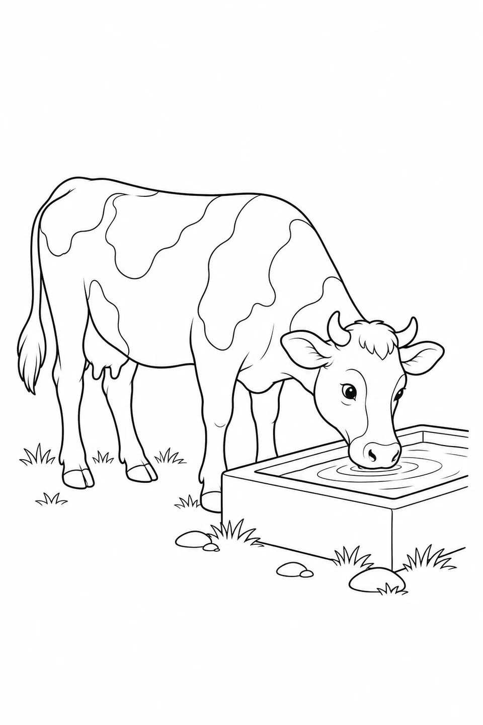 A spotted cow drinks from a farm trough, with ripples, grass and stones nearby.