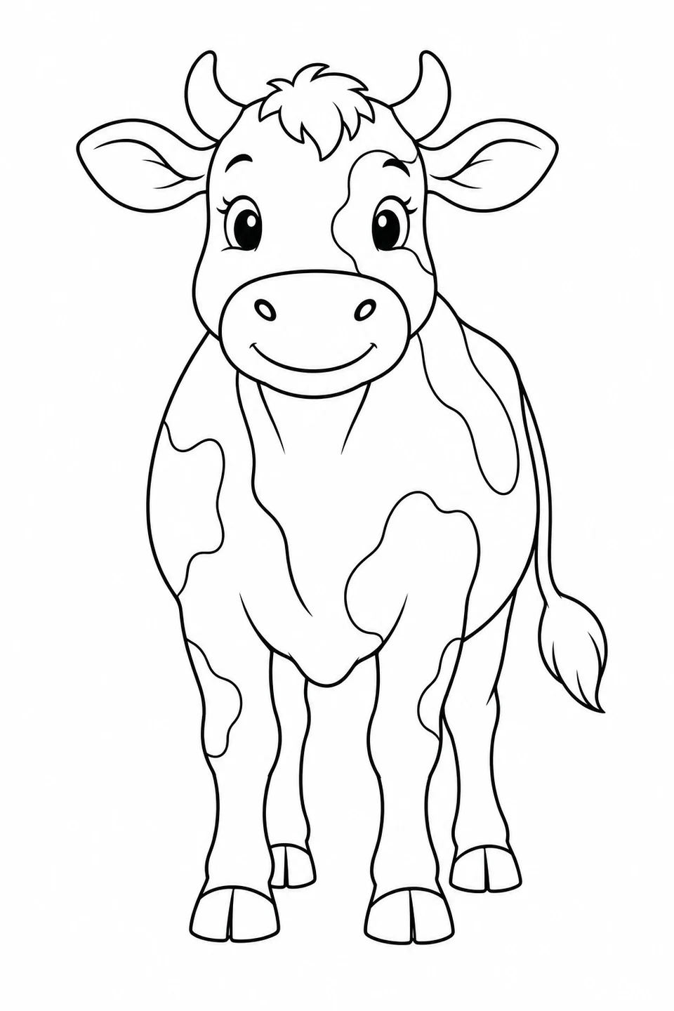 A smiling cow faces forward, with a broad muzzle and large outlined patches to color.