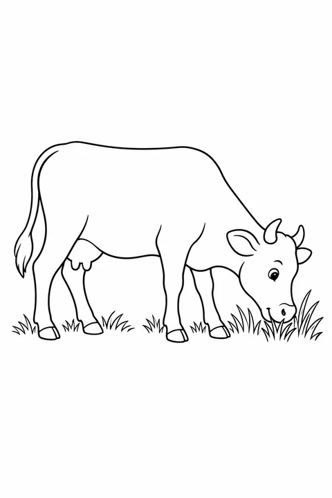 A cow lowers its head to nibble a small patch of grass.