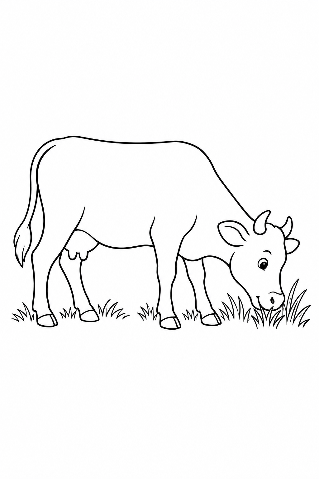 A cow lowers its head to nibble a small patch of grass.