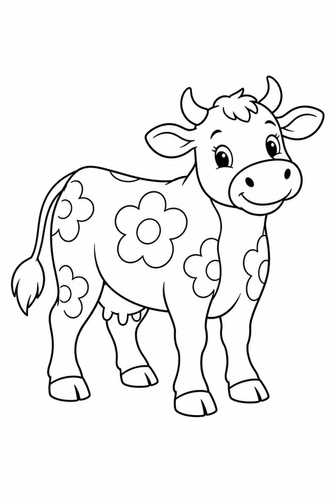 A smiling imaginary cow has large flower-shaped patches to color.