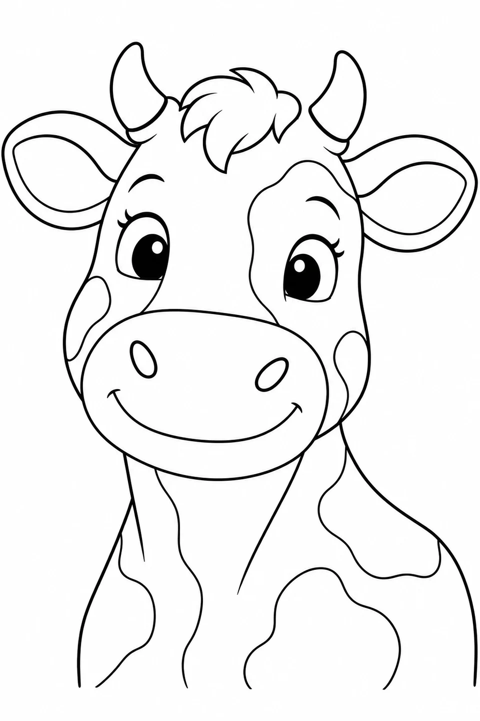 A friendly cow portrait features big ears, small horns and a rounded muzzle.